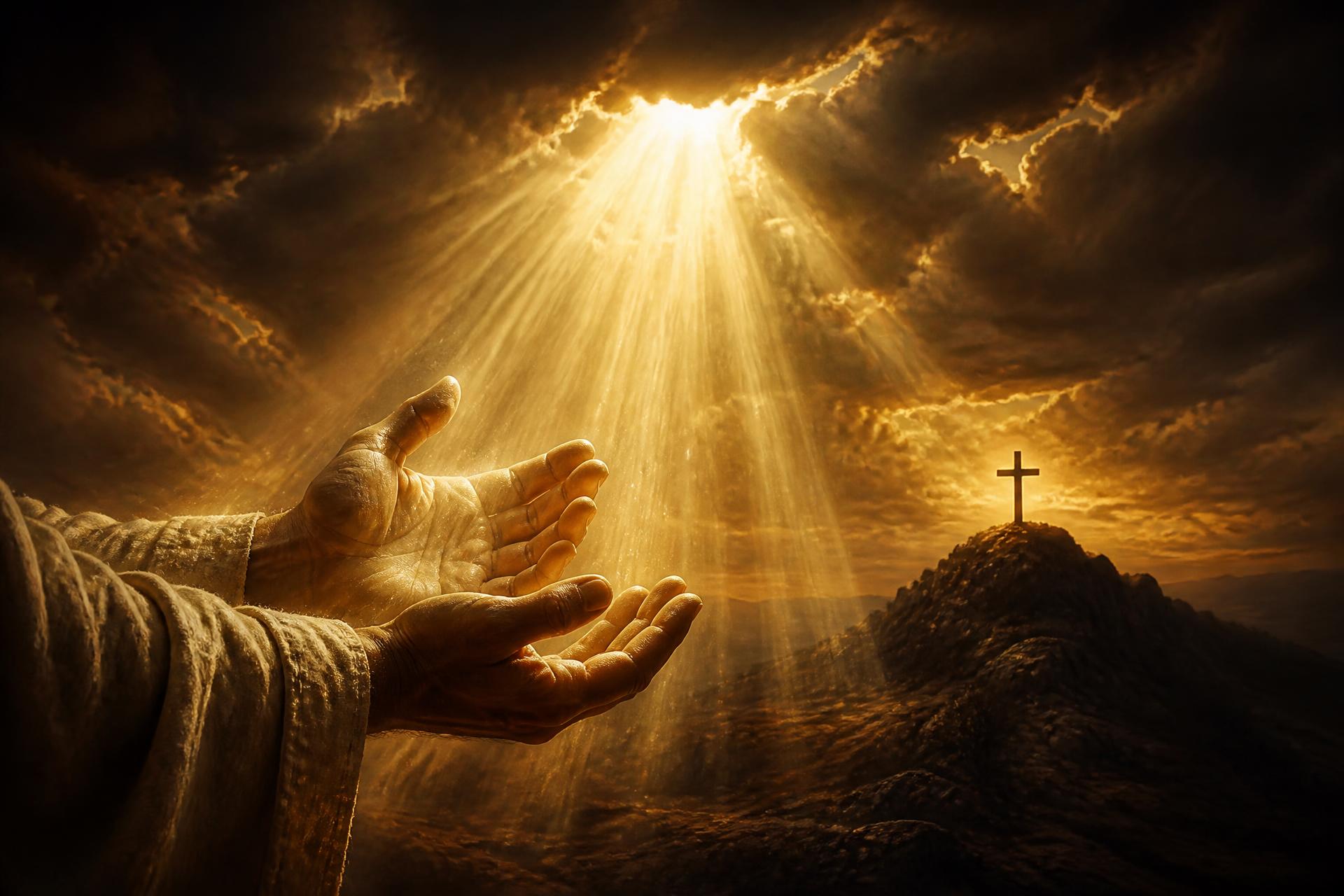 Mãos abertas recebendo a luz divina